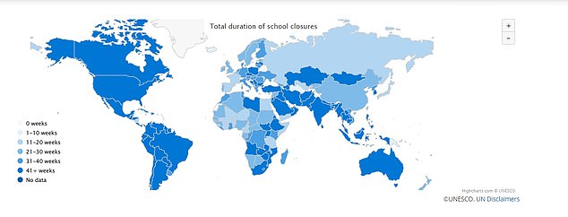 A UNESCO map (pictured) showing how long schools were closed in countries during the pandemic showed Australian schools were closed for 44 weeks