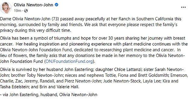 It came after a brave and extraordinarily public decades-long battle with cancer in which she was diagnosed three times in 1992, 2013 and, for a final time, in 2017. (Pictured: John announced her death on her Facebook page on Monday)