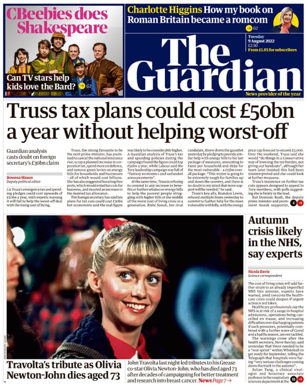 Guardian front page 9 August 2022