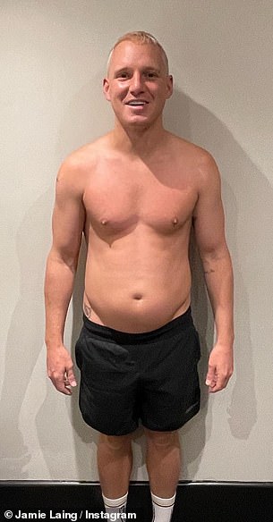 Before: The former Made In Chelsea star, 33, exhibited his ripped torso in a pair of black sports shorts, side-by-side with a not so buff shot of himself