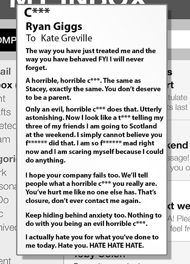 The court heard how the ex-Wales winger said in the messages, sent to ex-girlfriend Ms Greville: 'I am am so f****** mad right now I'm scaring myself because I could do anything,' before adding: 'I actually hate you for what you've done to me. Hate you. HATE HATE HATE...'. Pictured: A mock-up version of the messages read out in court