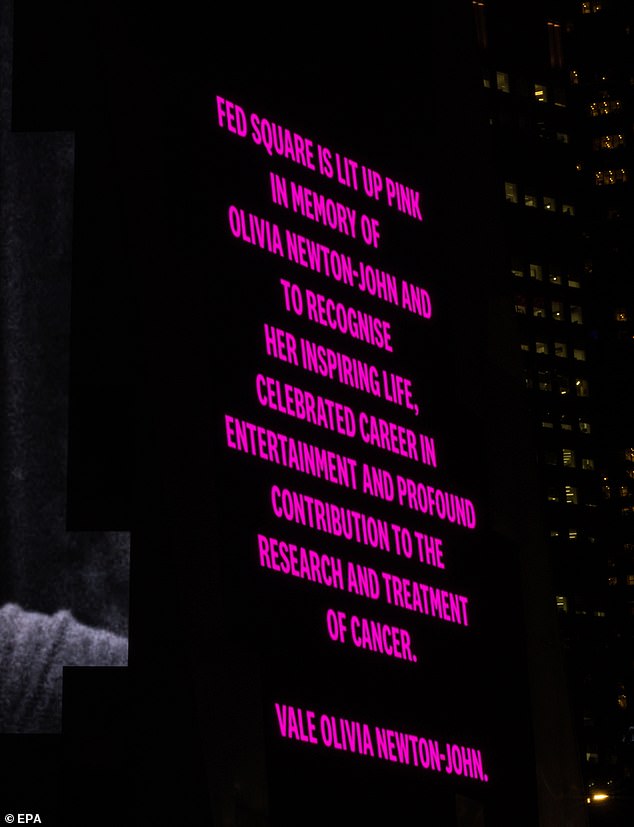 The message read: 'Fed Square is lit up pink in memory of Olivia Newton-John and to recognise her inspiring life, celebrated career in entertainment and profound contribution to the research and treatment of cancer. Vale Olivia Newton John'