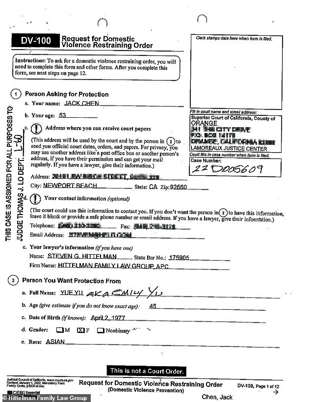 A copy of the domestic violence restraining order given to Yu on August 5