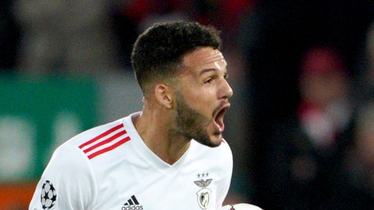 Benfica&#39;s Goncalo Ramos celebrates scoring his sides first goal against Liverpool.