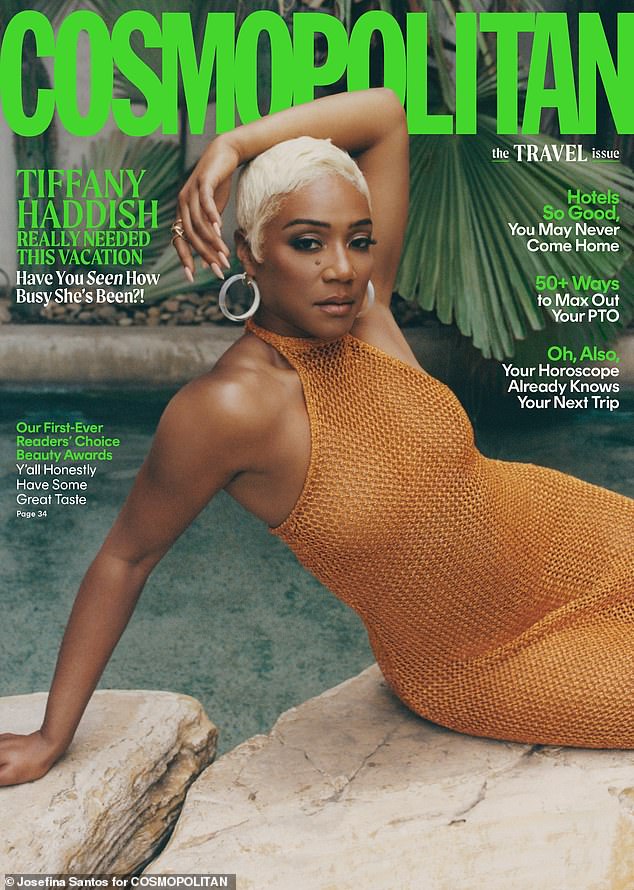 Cover girl: Tiffany looked absolutely stunning on the cover of the monthly as she sported an orange Cult Gaia cover up which showcased her stunning figure