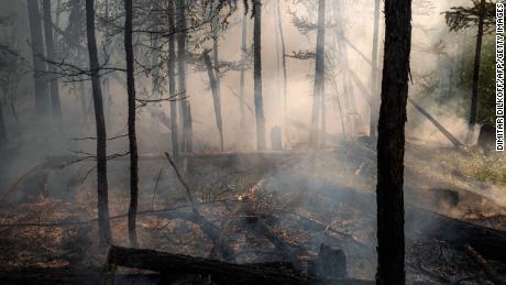 A forest fire outside the village of Byas-Kyue in Siberia in 2021.