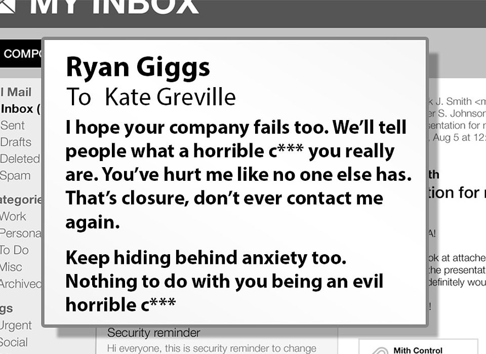 One text from Giggs said: 'I hope your company fails too. We’ll tell people what a horrible c*** you really are. You’ve hurt me like no one else has. That’s closure, don’t ever contact me again'