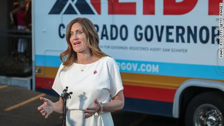 Colorado Republican gubernatorial candidate Heidi Ganahl addresses the media after a watch party at the Wide Open Saloon on June 28, 2022 in Sedalia, Colorado.