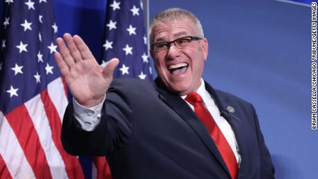 Republican gubernatorial nominee Darren Bailey celebrates with supporters on primary election night on June 28, 2022, at Thelma Keller Convention Center in Effingham, Illinois. 