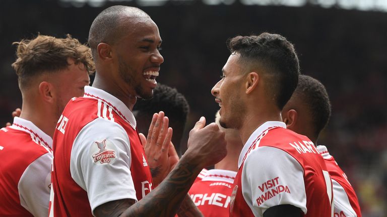 Gabriel Magalhaes celebrates with Gabriel Martinelli during pre-season