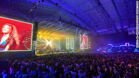 US DJ and producer Marshmello teams up with Lebanese pop star Nancy Ajram on stage in Riyadh on  Thursday to perform their single &quot;Sah Sah&quot; as part of the Gamers8 concert series. 