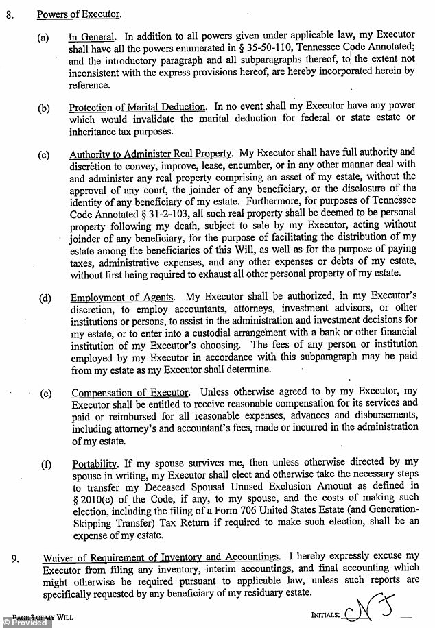 The document states Strickland will have 'full authority and discretion' over Naomi Judd's assets 'without the approval of any court'