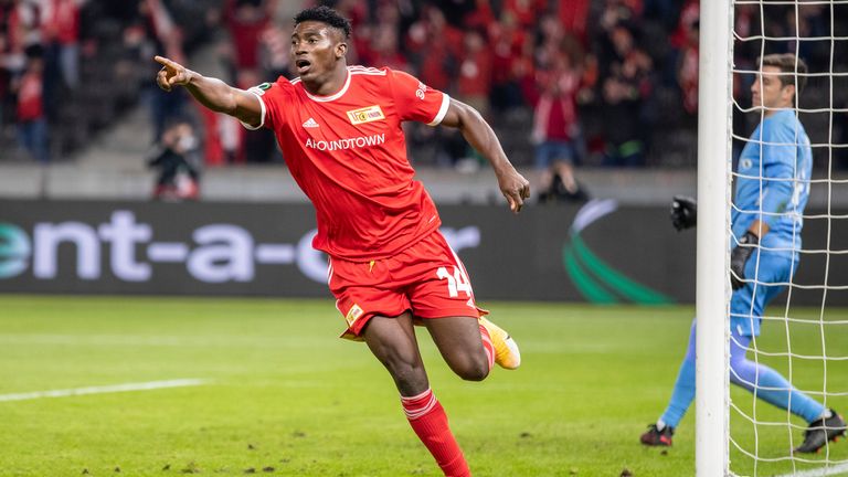 UEFA Europa Conference League, 1. FC Union Berlin - Maccabi Haifa, Group Stage, Group E, Matchday 2, Olympiastadion. Berlin&#39;s Taiwo Awoniyi celebrates after his 3:0 goal.