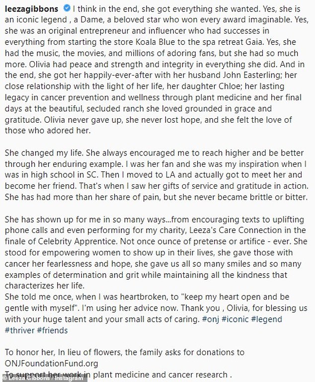 Friendly advice: Gibbons said she's taking Newton-John's advice to 'keep my heart open and be gentle with myself' when heartbroken, as a way to cope with the death of her friend. 'Thank you , Olivia, for blessing us with your huge talent and your small acts of caring'