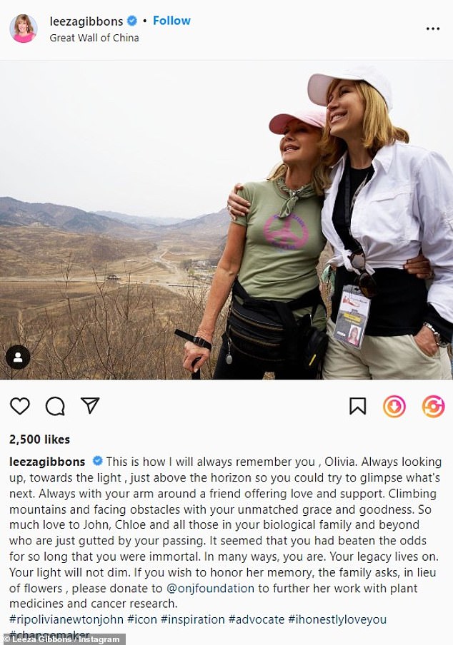 Supportive: Gibbons shared how she and Newton-John would support each other during some of the most important moments in their lives, including when the singer and actress invited Gibbons to join her on a trip to walk the Great Wall Of China to help raise money for a cancer and wellness center in Melbourne; the friends are pictured at the Great Wall Of China in 2008