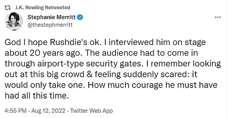 Rowling also shared tweets from journalists Stephanie Merritt and Hadley Freeman who praised Rushdie's courage