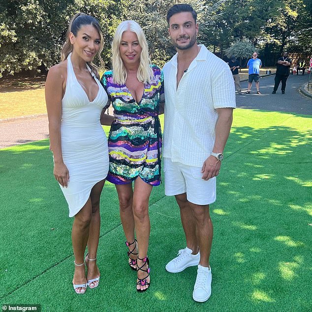 Shtum! Elsewhere, the Manchester resident almost let blab that he would be moving in with his girlfriend, although she quickly shushed him (pictured with Denise Van Outen, centre)