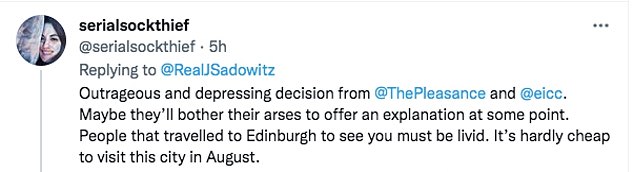 Jerry Sadowitz announces his show's cancellation on Twitter, in a move branded 'pathetic' and 'depressing' by his fans