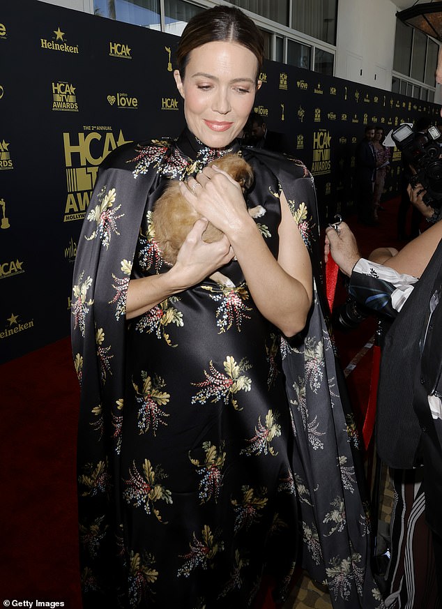 Cute! At one point as the mom of one, soon to be two, walked the red carpet, she was seen holding a tiny puppy in her arms