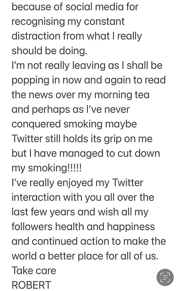 Explanation: The actor, 72, admitted he needs to 'detox from the stresses of social media' but will keep his account active so he can 'pop in now and again to read the news'