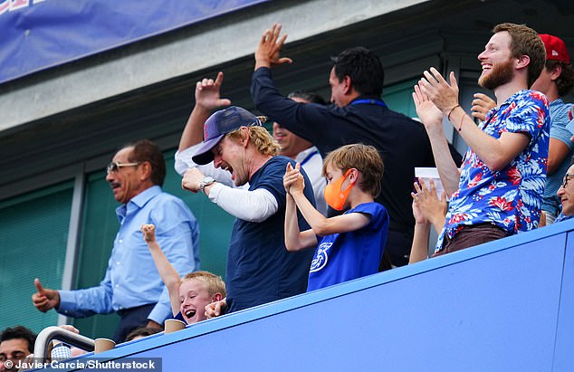 Celebrating: The Loki actor was spotted punching the air as the home side scored while facing London rivals Spurs in the first home game of the season