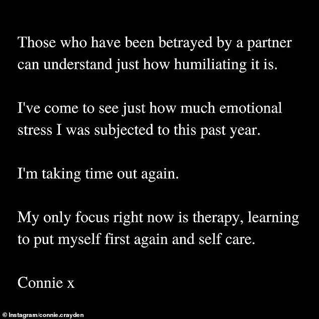 'As you can can imagine I'm extremely heartbroken and experiencing a whirlwind of emotions. There's been a lot to grasp and to get my head around,' Connie wrote