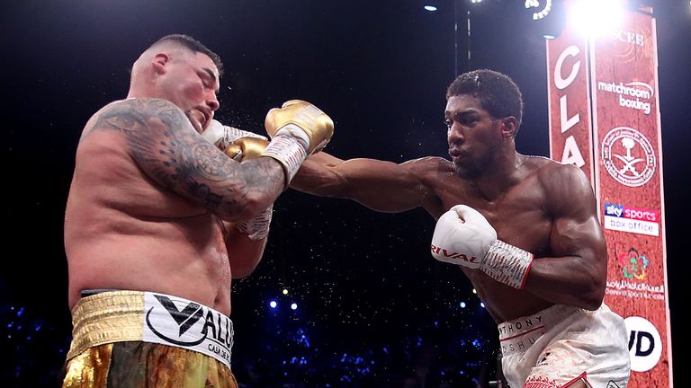 Andy Ruiz Jr. (left) in his fight against Anthony Joshua in their IBF, WBA, WBO & IBO World Heavyweight Championship contest at the Diriyah Arena, Diriyah, Saudi Arabia.
