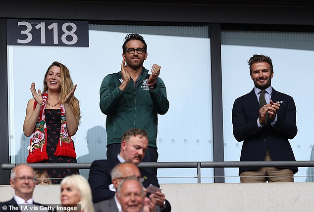 Husband: There was no sign of Blake's husband Ryan Reynolds on the Disney trip. Ryan recently revealed his wifewas not happy when he told her the he had bought Welsh football team Wrexham FC (the couple pictured at Wembley with David Beckham in May)