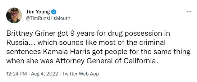 Several people on Twitter, including author Tim Young, were quick to point out that she locked up thousands of people on marijuana charges while she was the District Attorney of San Francisco