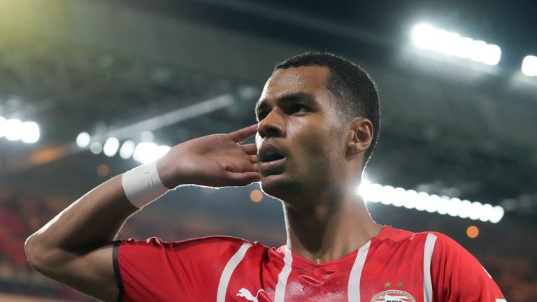 PSV&#39;s Cody Gakpo celebrates scoring his side&#39;s second goal during the Europa League Group B soccer match between PSV and Real Sociedad at the Philips stadium in Eindhoven, Netherlands, Thursday, Sept. 16, 2021. (AP Photo/Peter Dejong)