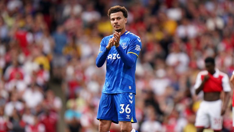 Everton&#39;s Dele Alli applauds the fans after being substituted during the Premier League match at The Emirates Stadium, London. Picture date: Sunday May 22, 2022.