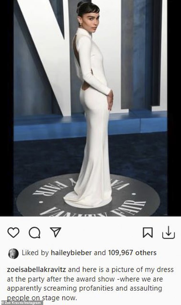 No uncertain terms: 'And here is a picture of my dress at the party after the award show -where we are apparently screaming profanities and assaulting people on stage now,' she added