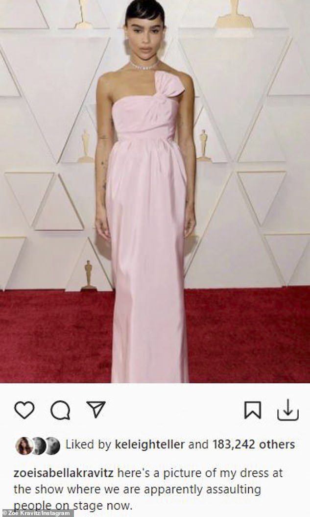 Forthright: Zoe pointedly posted a snap of Oscars red carpet dress and wrote: 'here's a picture of my dress at the show where we are apparently assaulting people on stage now'