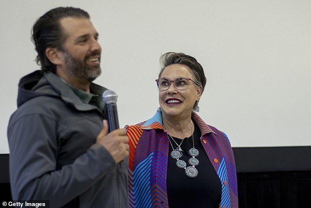 Harriet Hageman (right) campaigns alongside Donald Trump Jr. (left) in June in Jackson, Wyoming