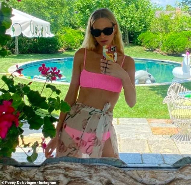 Pose: It comes after the friends celebrated Poppy's sister Cara's 30th birthday in Formentera, Spain on Friday (Poppy pictured earlier this month)