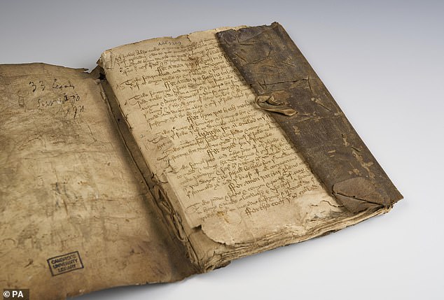 The manuscripts, containing around 8,000 unedited medical recipes, mostly date from the 14th or 15th centuries, with some examples from earlier, the oldest being 1,000 years old. Above: A compilation of medical recipes seen in original 15th-century leather wrapper