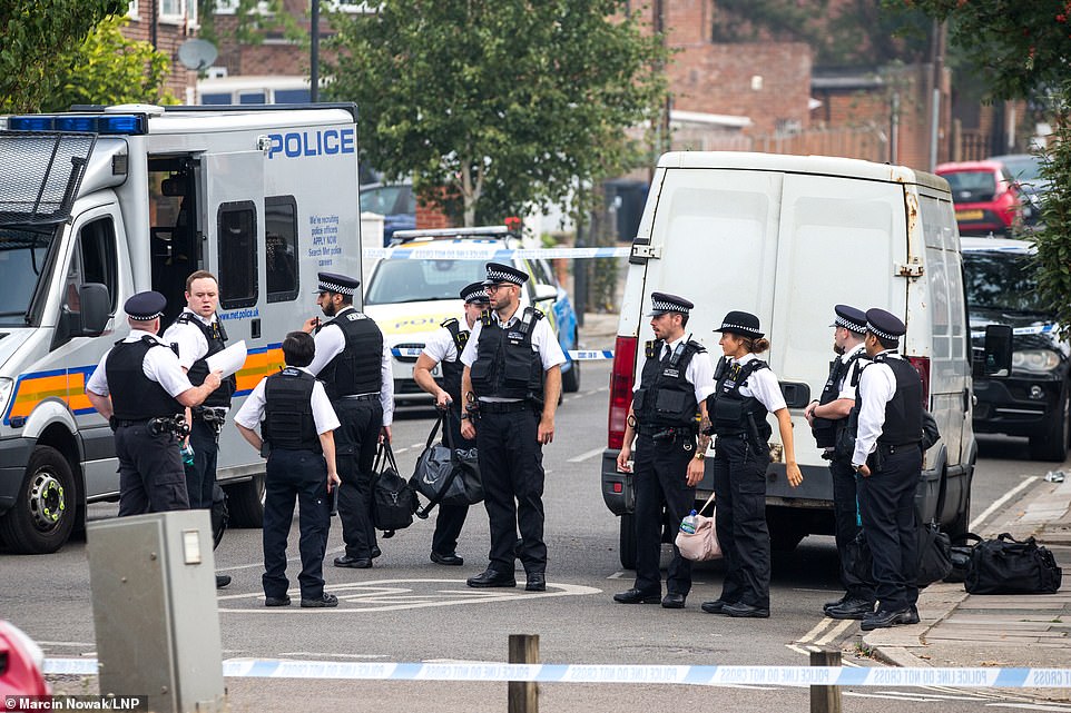 Metropolitan Police officers, pictured at the scene today, were called just after 4pm to reports of a man with stab injuries