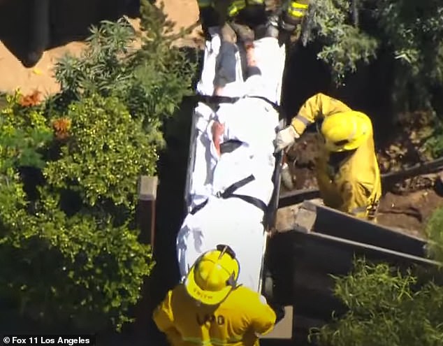 Heche can be seen being removed from the scene on a stretcher and taken toward a waiting ambulance