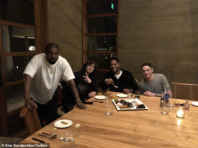 Loyalty: Kanye's ex friend Kid Cudi also blasted him in his Esquire profile on Wednesday for taking him off Donda 2 because of his friendship with Kim Kardashian's then-beau Pete Davidson; Kanye (L) seen with (L–R) Timothée Chalamet, Cudi and Pete Davidson