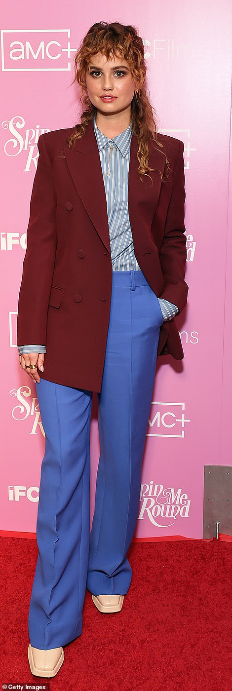 Rising star: Debby Ryan, who previously appeared with Alison in her film Horse Girl — also with director Jeff Baena — looked chic in a burgundy double-breasted blazer that she wore over a gray–blue striped shirt