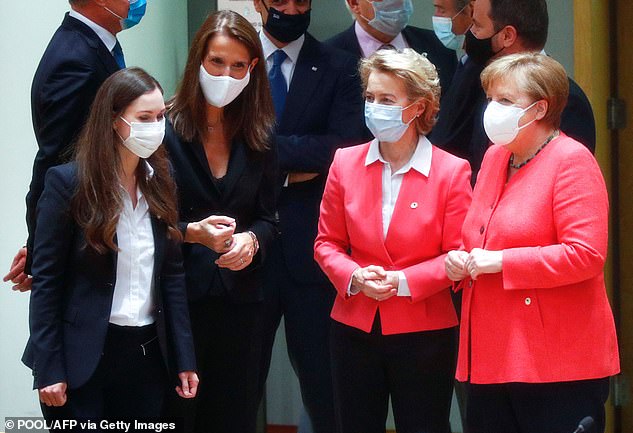 Mrs Marin has impressed with her crisis management since becoming leader - handling the Covid pandemic and now the Russian invasion (pictured with Belgium's Prime Minister Sophie Wilmes, EU Commission President Ursula von der Leyen and Angela Merkel in 2020)