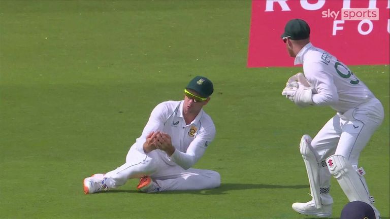 Ollie Pope was dropped on 67 in the slip cordon as South Africa fielder Sarel Erwee failed to catch the ball despite having about four goes at it!