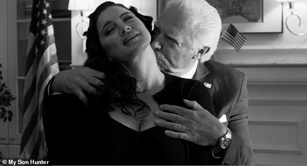 An image from the film, obtained by DailyMail.com, shows John James' character President Joe Biden kissing the neck of Gina Carano, who plays a Secret Service agent