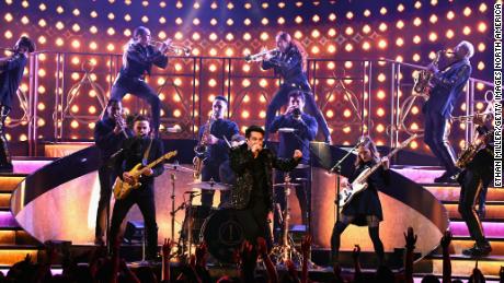 Brendon Urie (center) of Panic! at the Disco performs onstage during the 2019 Billboard Music Awards at MGM Grand Garden Arena on May 1, 2019, in Las Vegas.  