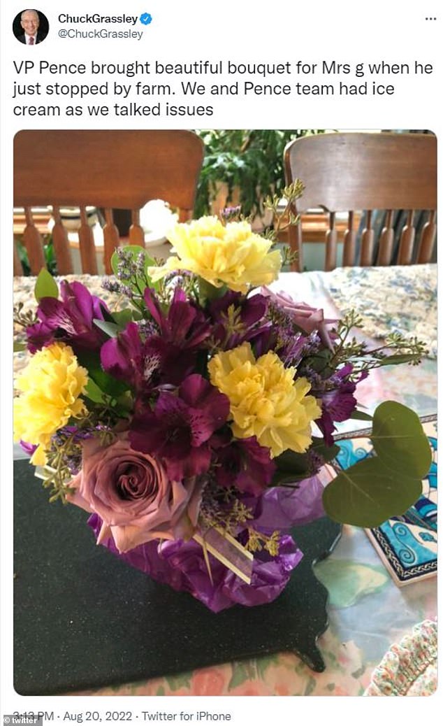 Grassley also posted a picture of flowers Pence brought for his wife during a home visit in Iowa where the Senate president pro tempore emeritus said they had ice cream and 'talked issues'