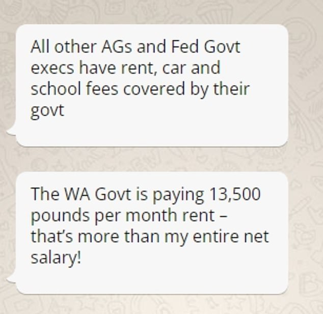 In March of this year, Mr Cartwright wrote to Stuart Ayres that his pay, which was the largest salary ever allocated to a NSW trade commissioner was insufficient (pictured, mocked-up texts)