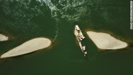 An aerial view of a World War II warship.