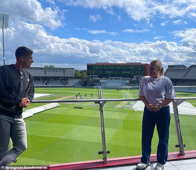 Now based in London with her boyfriend Alex Heath (left), Brooke visited the Old Trafford Cricket Ground in Manchester to remember Shane