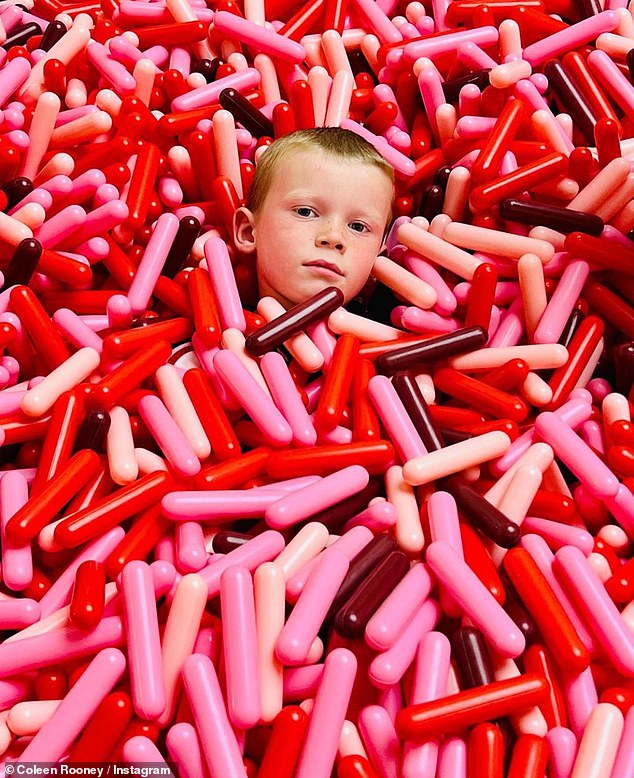 Sweets! One snap showed her son covered in candy