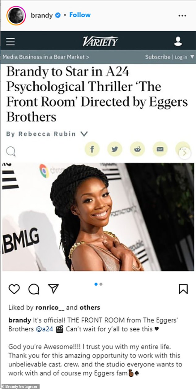 Snap: Brandy also shared a snap of Variety's headline with her 5.7 million Instagram followers to share the news with them